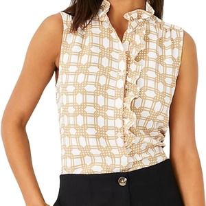 Ann Taylor Rattan Print Ruffle Shell Sleeveless Shirt Women’s Size Small